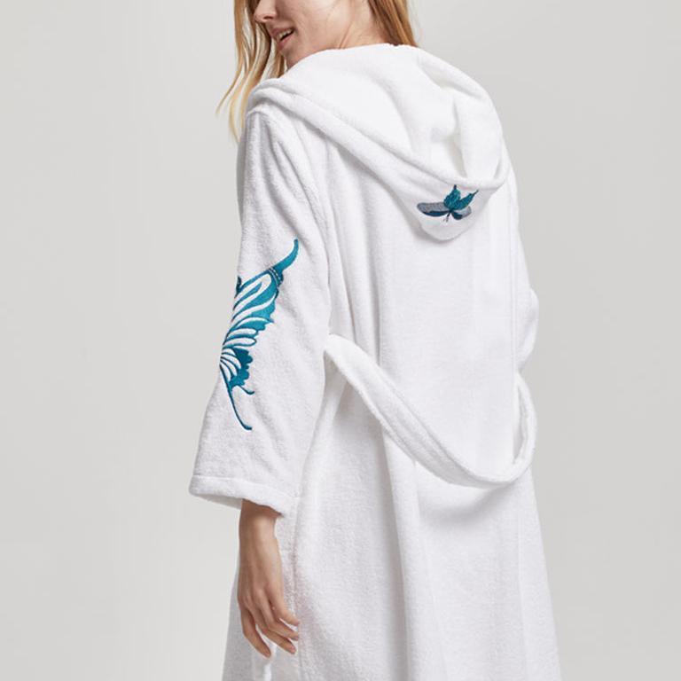 Cotton Hooded Bathrobe With Batterfly Embroidery - 3 Colors