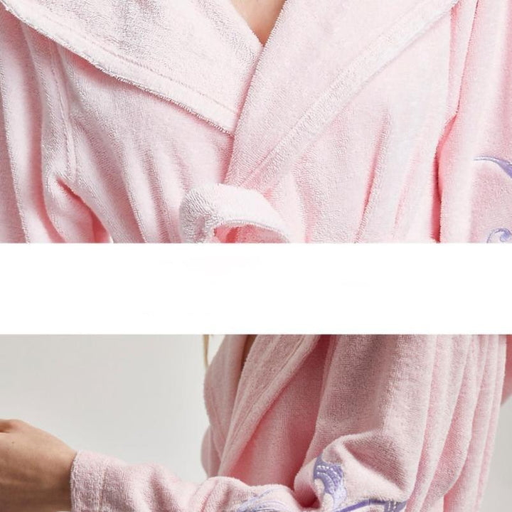 Cotton Hooded Bathrobe With Batterfly Embroidery - 3 Colors