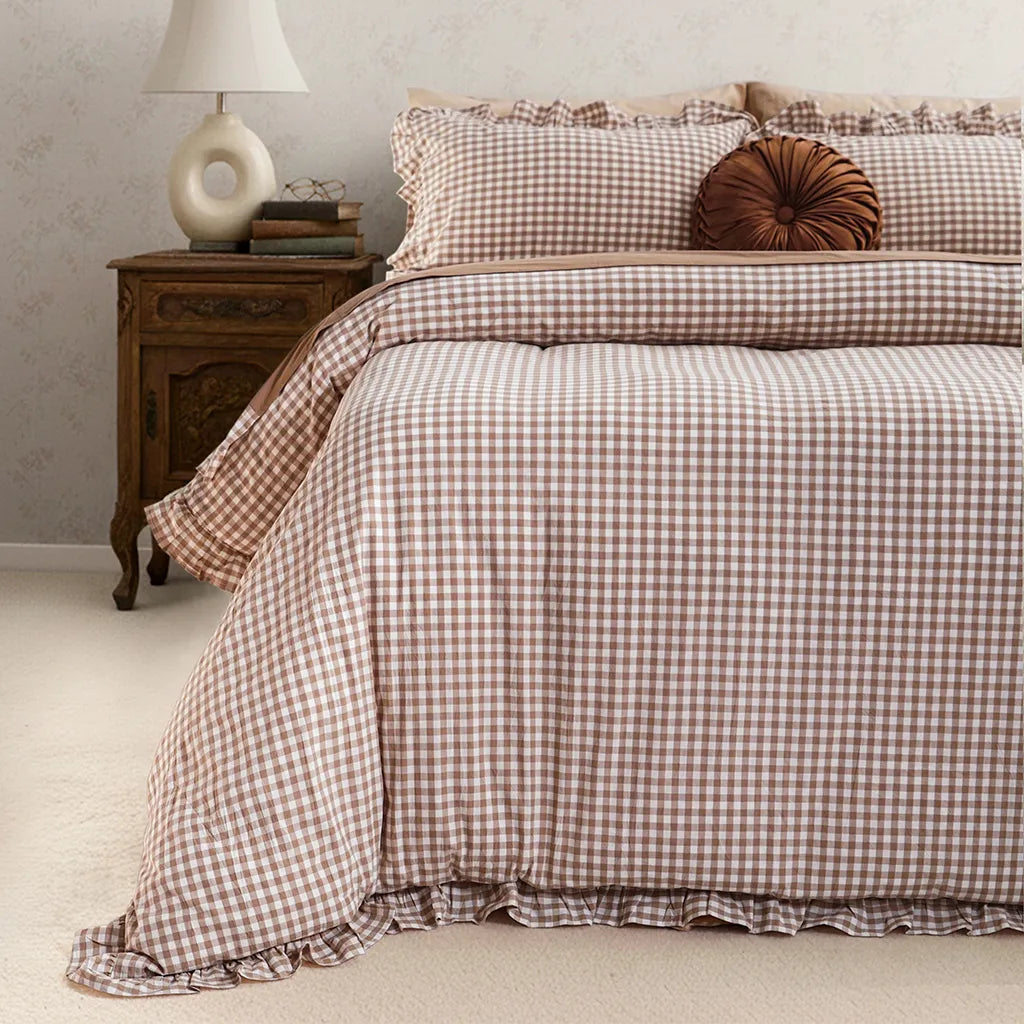 Beige Rustic Gingham Duvet Cover with Ruffle