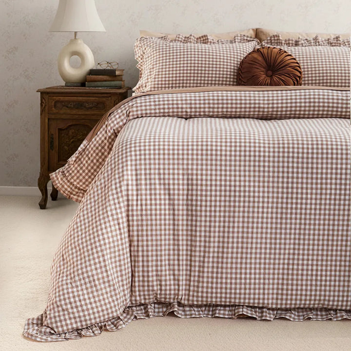 Beige Rustic Gingham Duvet Cover with Ruffle