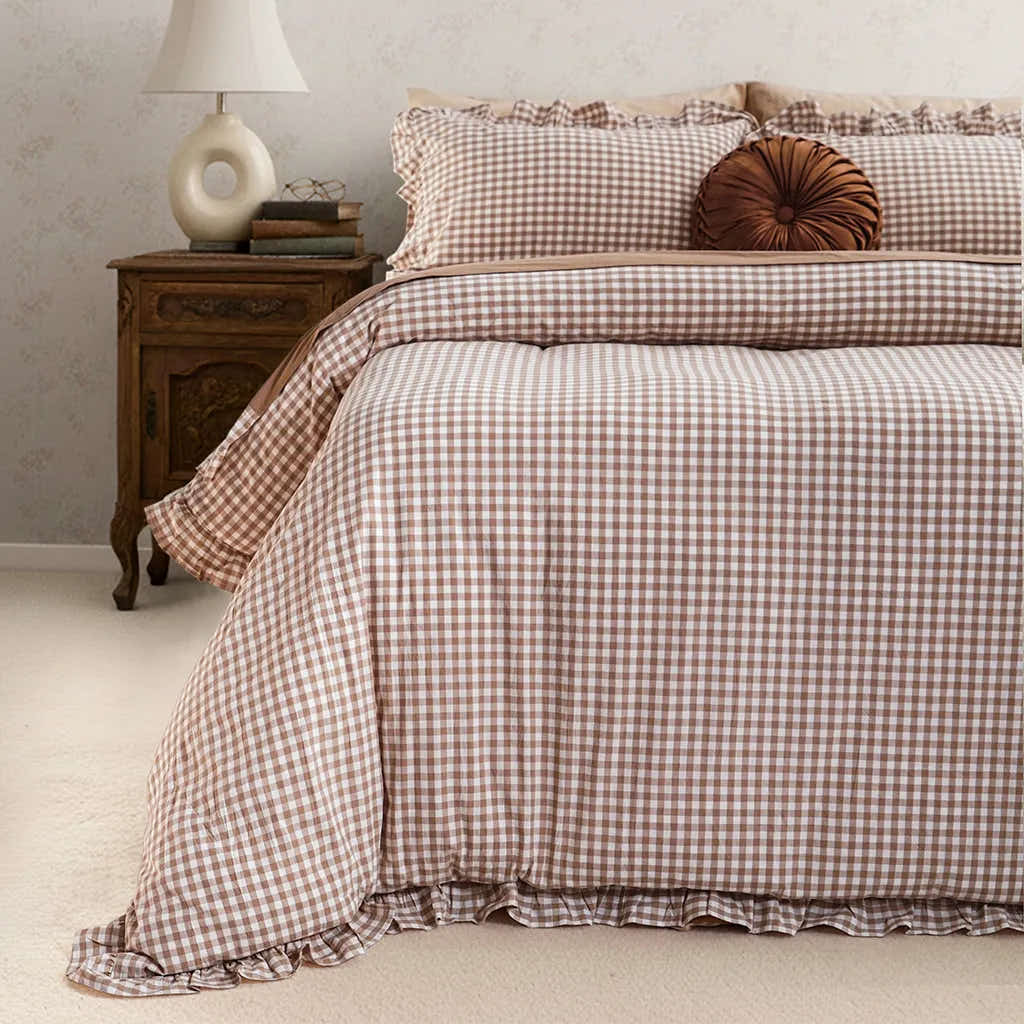 Beige Rustic Gingham Duvet Cover with Ruffle