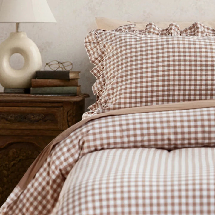 Beige Rustic Gingham Duvet Cover with Ruffle