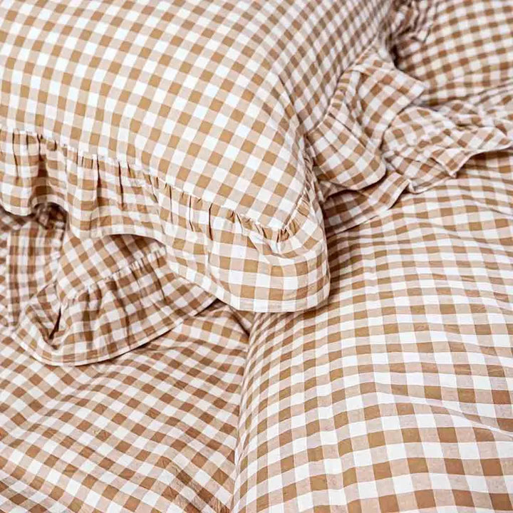 Beige Rustic Gingham Duvet Cover with Ruffle