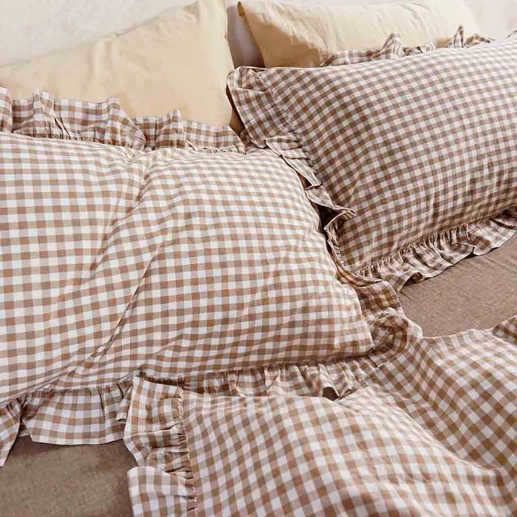 Beige Rustic Gingham Duvet Cover with Ruffle