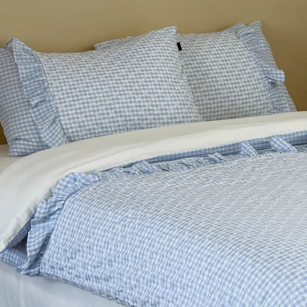 Cotton Muslin Gingham Bedding Set With Ruffle