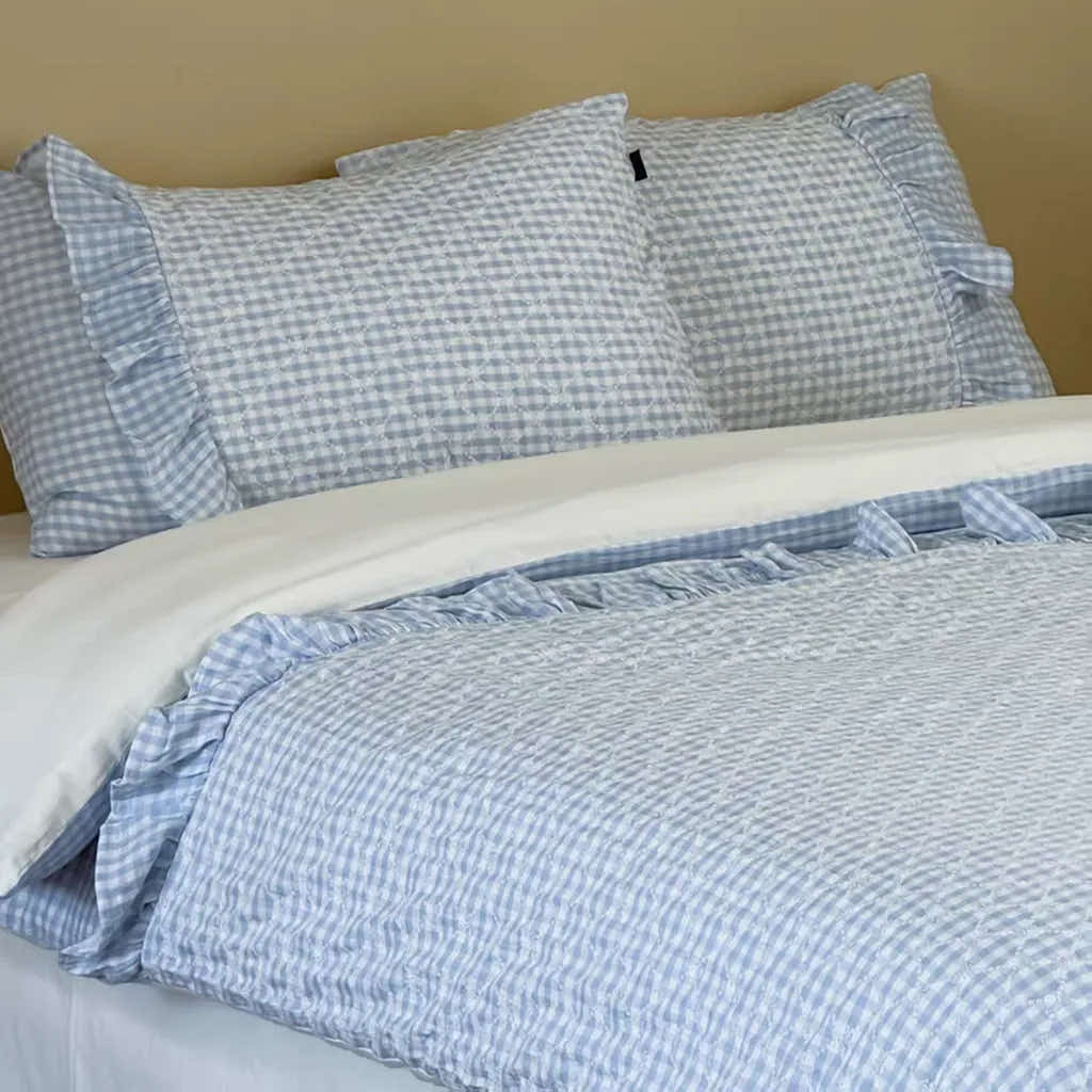 Cotton Muslin Gingham Bedding Set With Ruffle