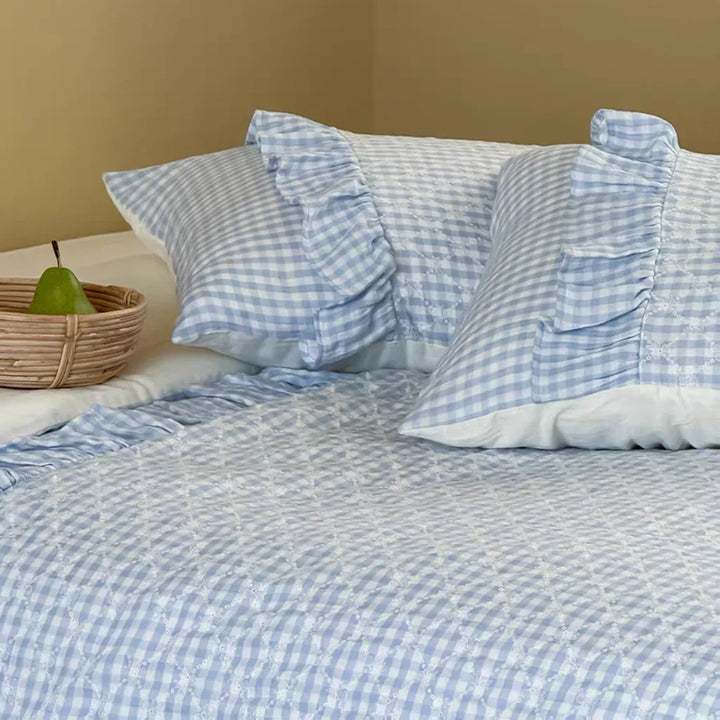 Cotton Muslin Gingham Bedding Set With Ruffle