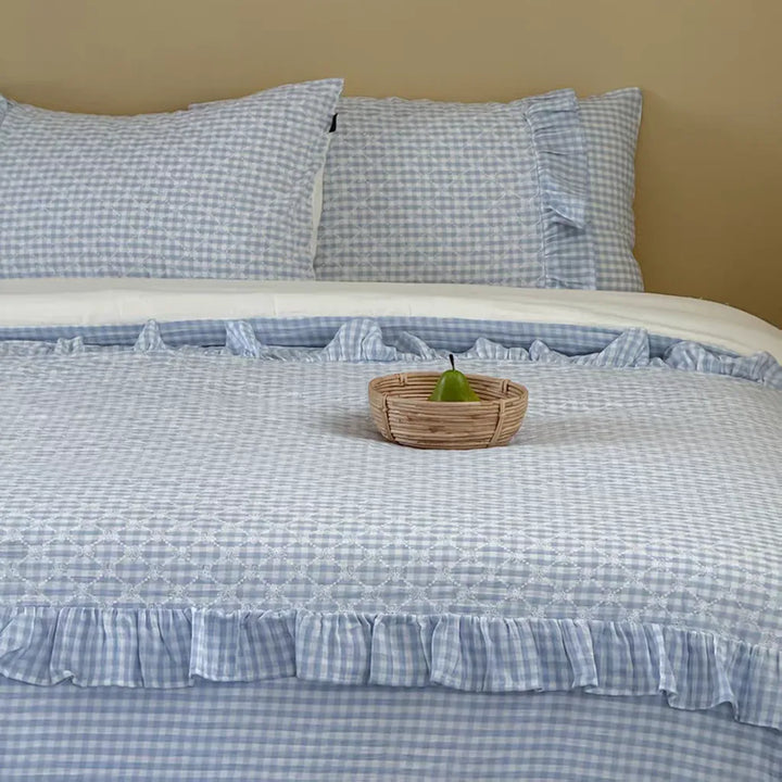 Cotton Muslin Gingham Bedding Set With Ruffle