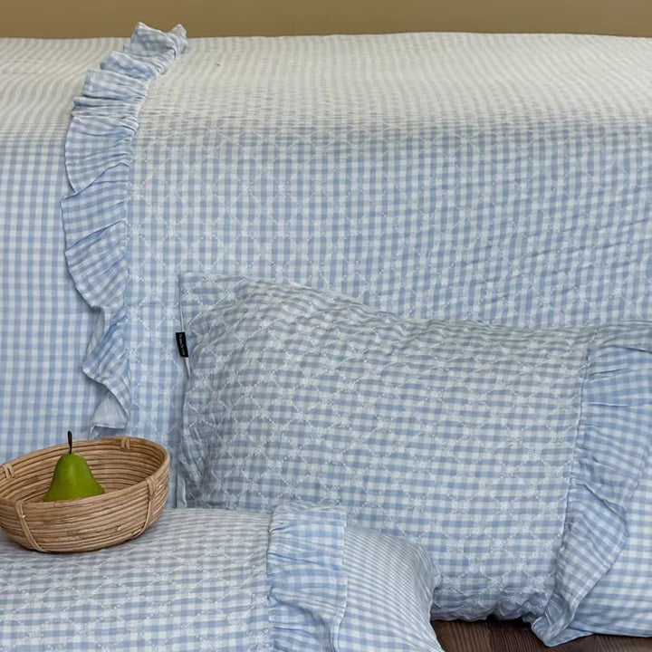 Cotton Muslin Gingham Bedding Set With Ruffle