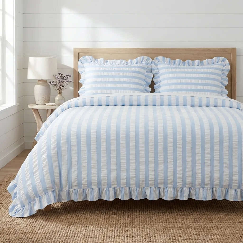 Baby Blue Seersucker Duvet Cover with Ruffle