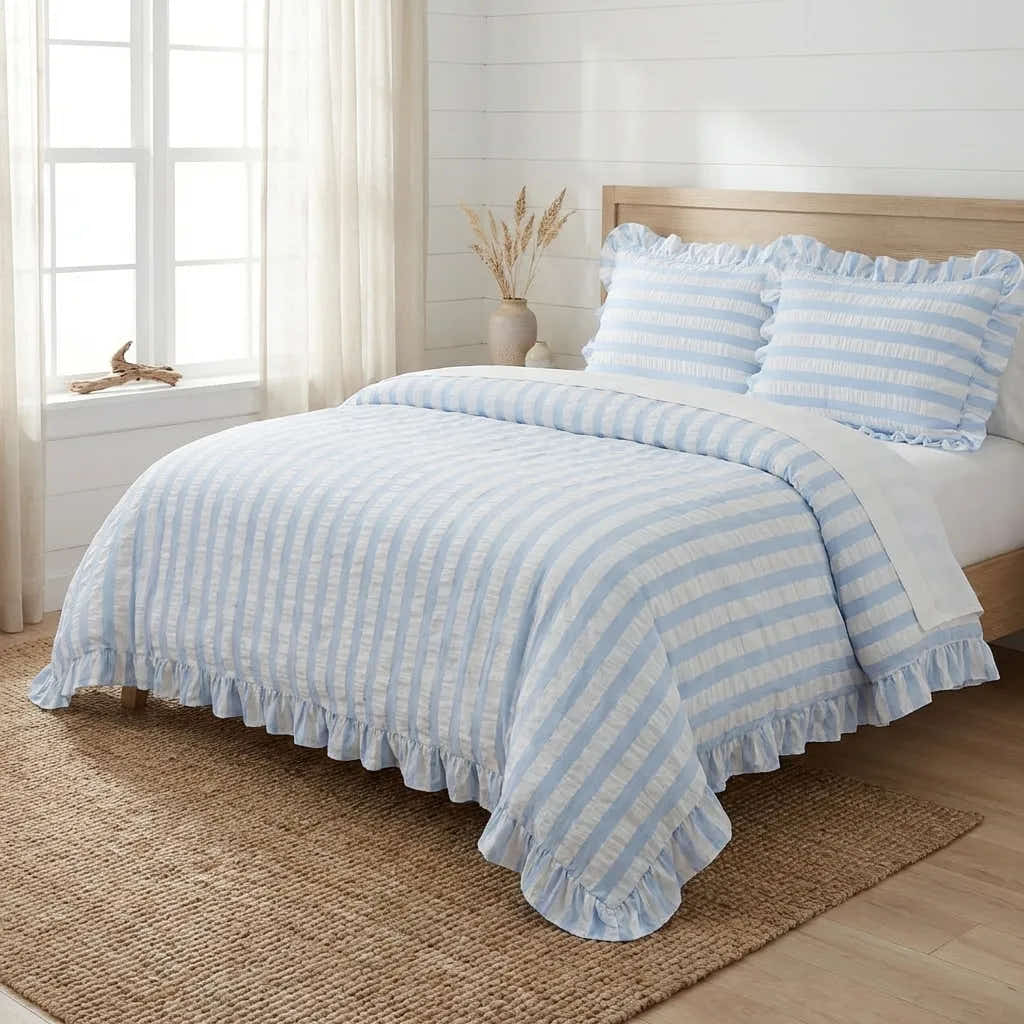 Baby Blue Seersucker Duvet Cover with Ruffle