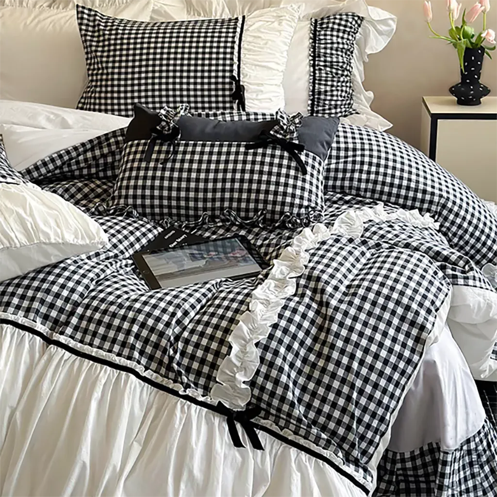 Black Gingham with Bow Ruched Duvet Cover