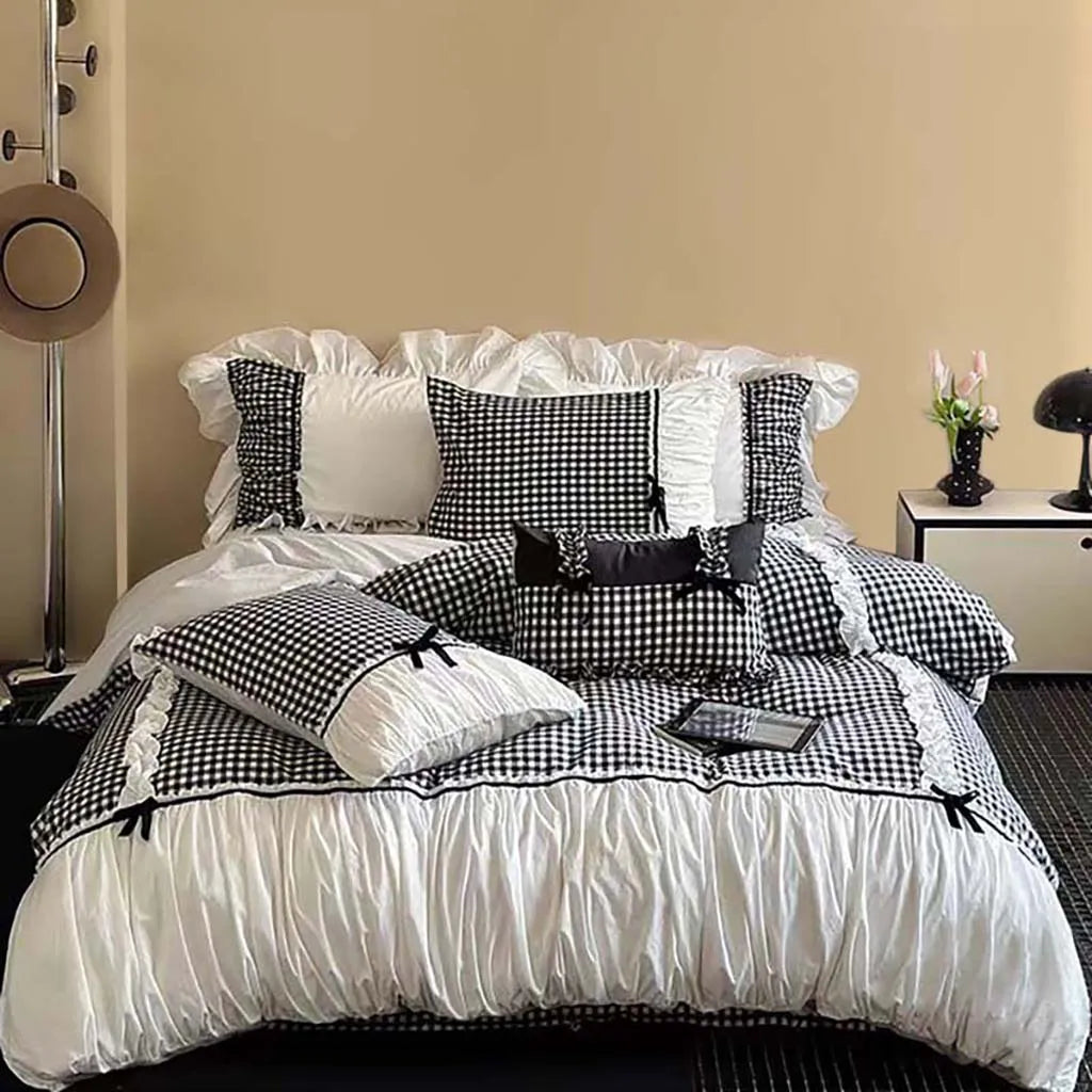Black Gingham with Bow Ruched Duvet Cover