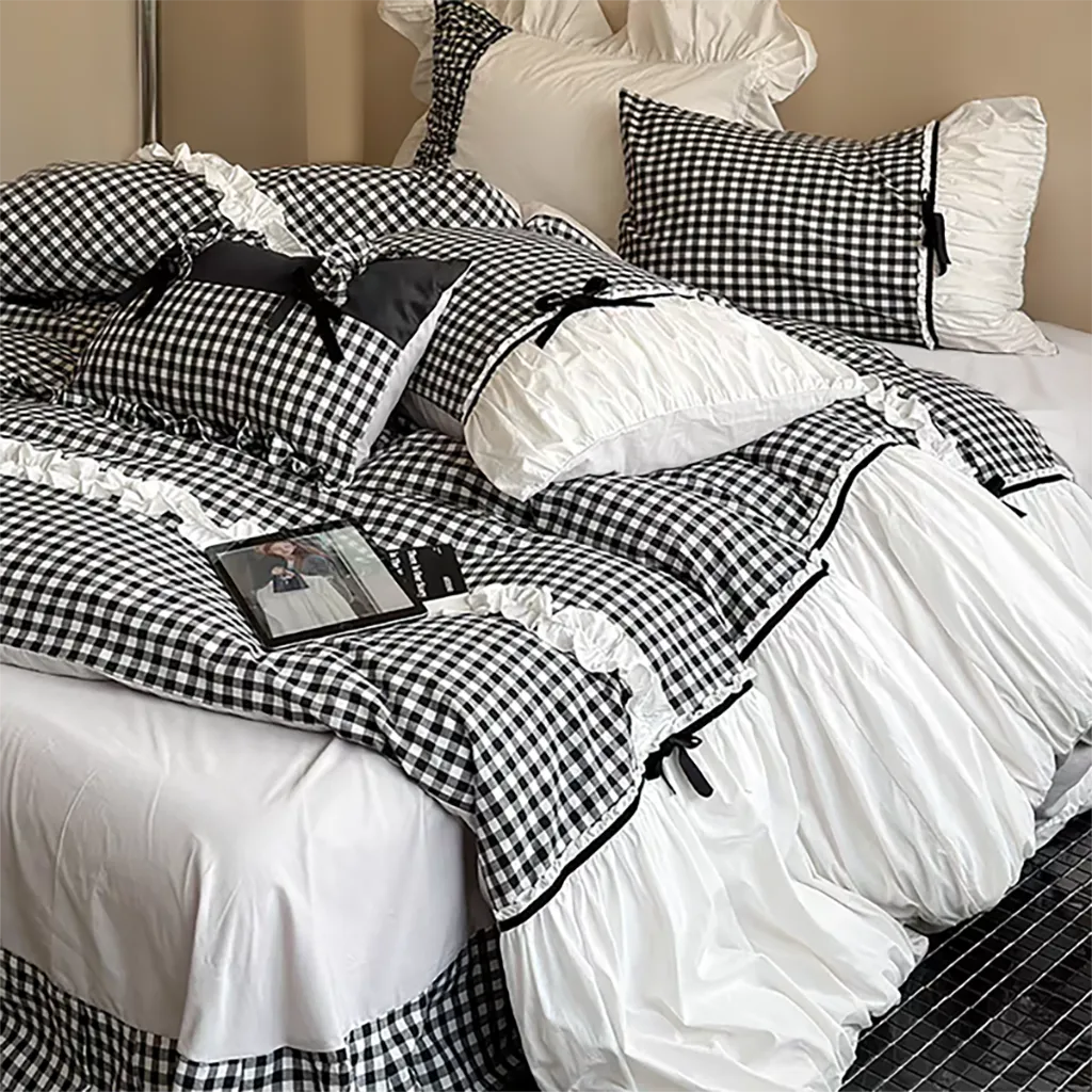 Black Gingham with Bow Ruched Duvet Cover