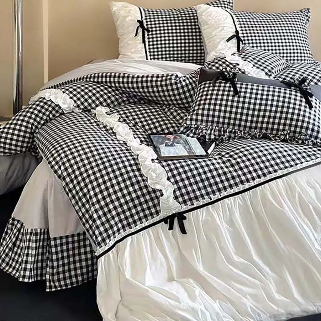 Black Gingham with Bow Ruched Duvet Cover