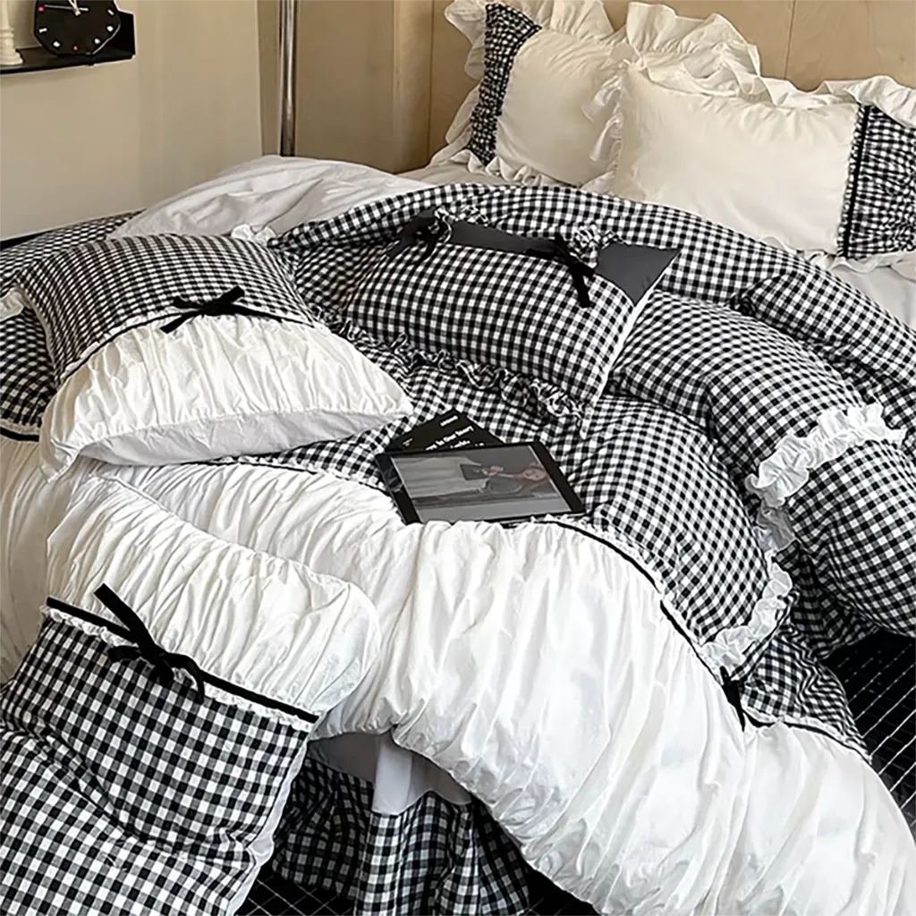 Black Gingham with Bow Ruched Duvet Cover