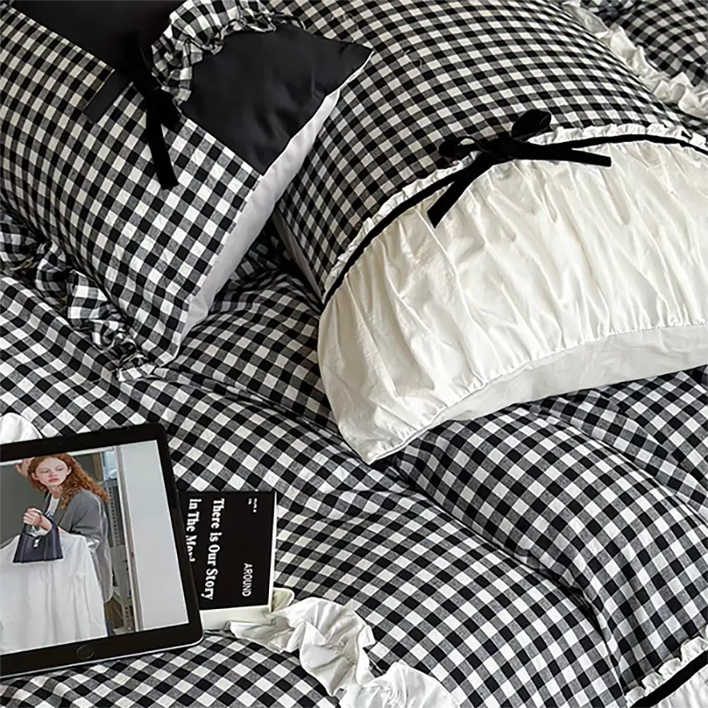 Black Gingham with Bow Ruched Duvet Cover