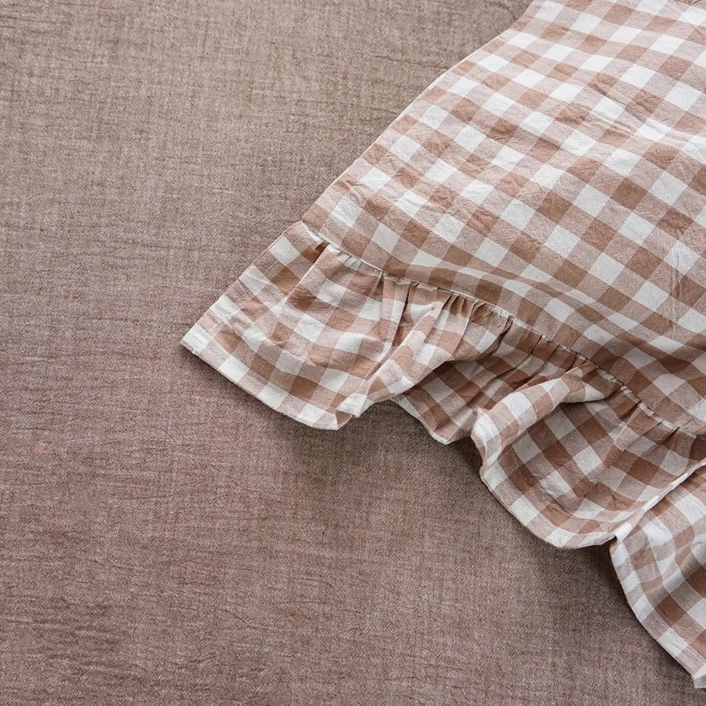 Beige Rustic Gingham Duvet Cover with Ruffle
