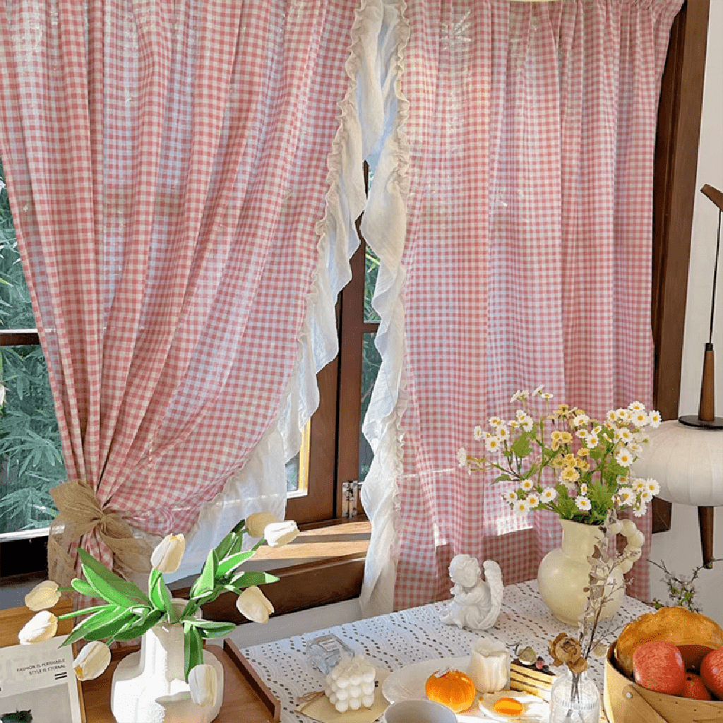 Korean Pink Gingham Curtain