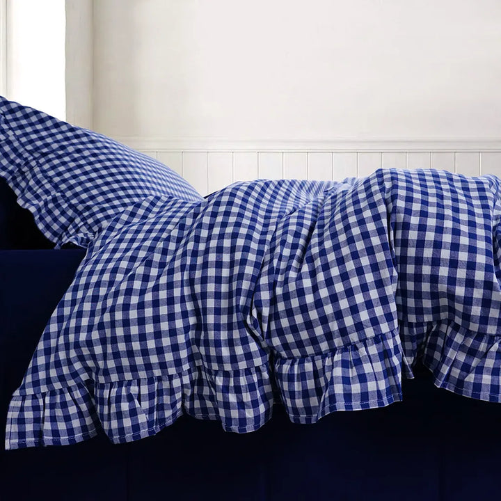 Navy Rustic Gingham Duvet Cover with Ruffle