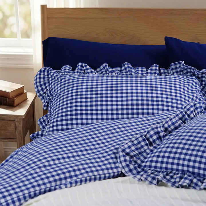 Navy Rustic Gingham Duvet Cover with Ruffle
