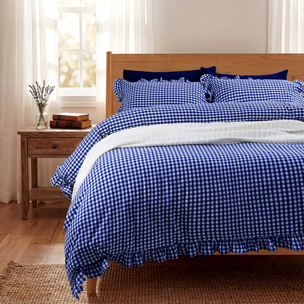 Navy Rustic Gingham Duvet Cover with Ruffle