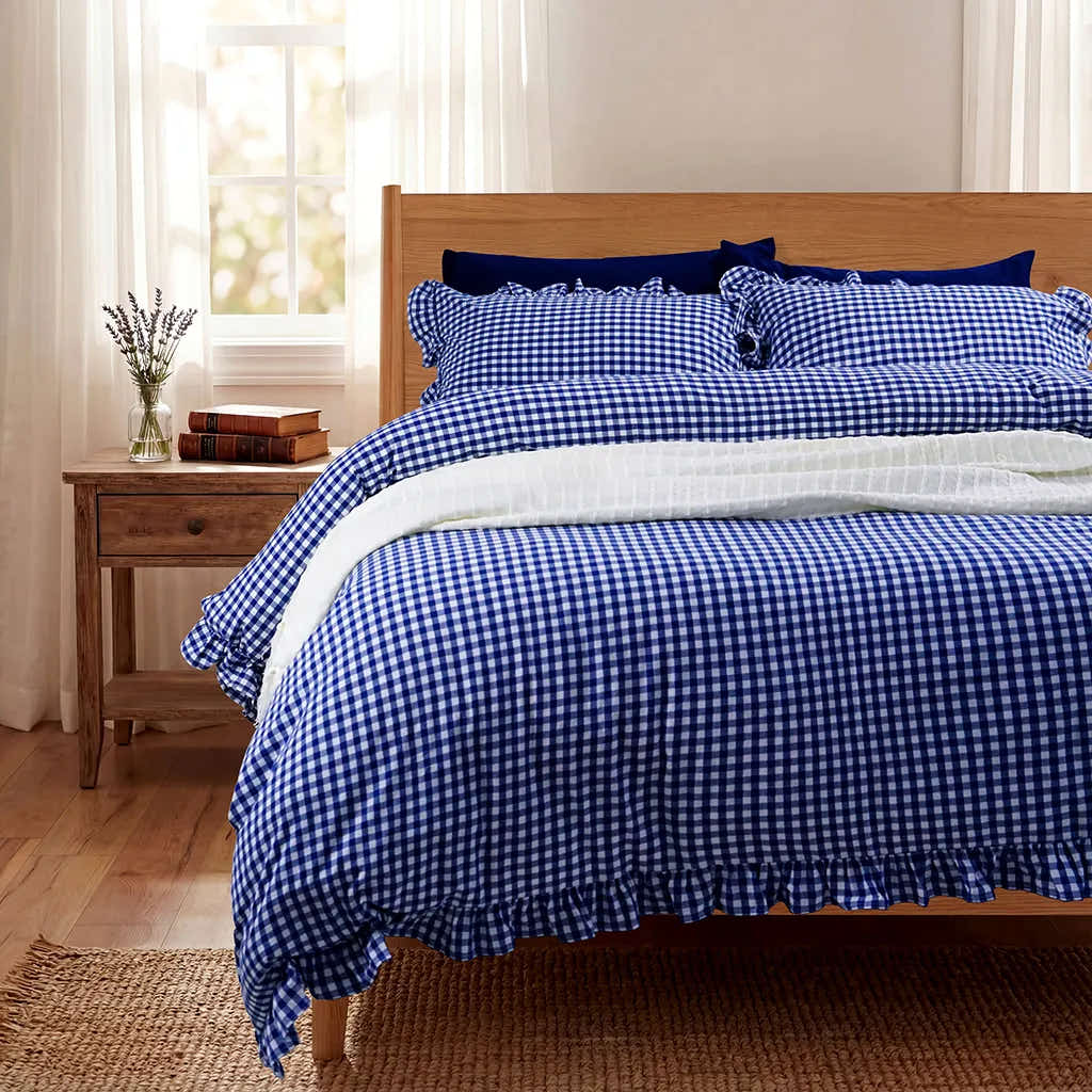 Navy Rustic Gingham Duvet Cover with Ruffle