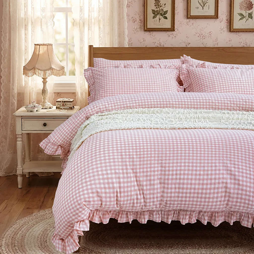 Pink Rustic Gingham Duvet Cover with Ruffle