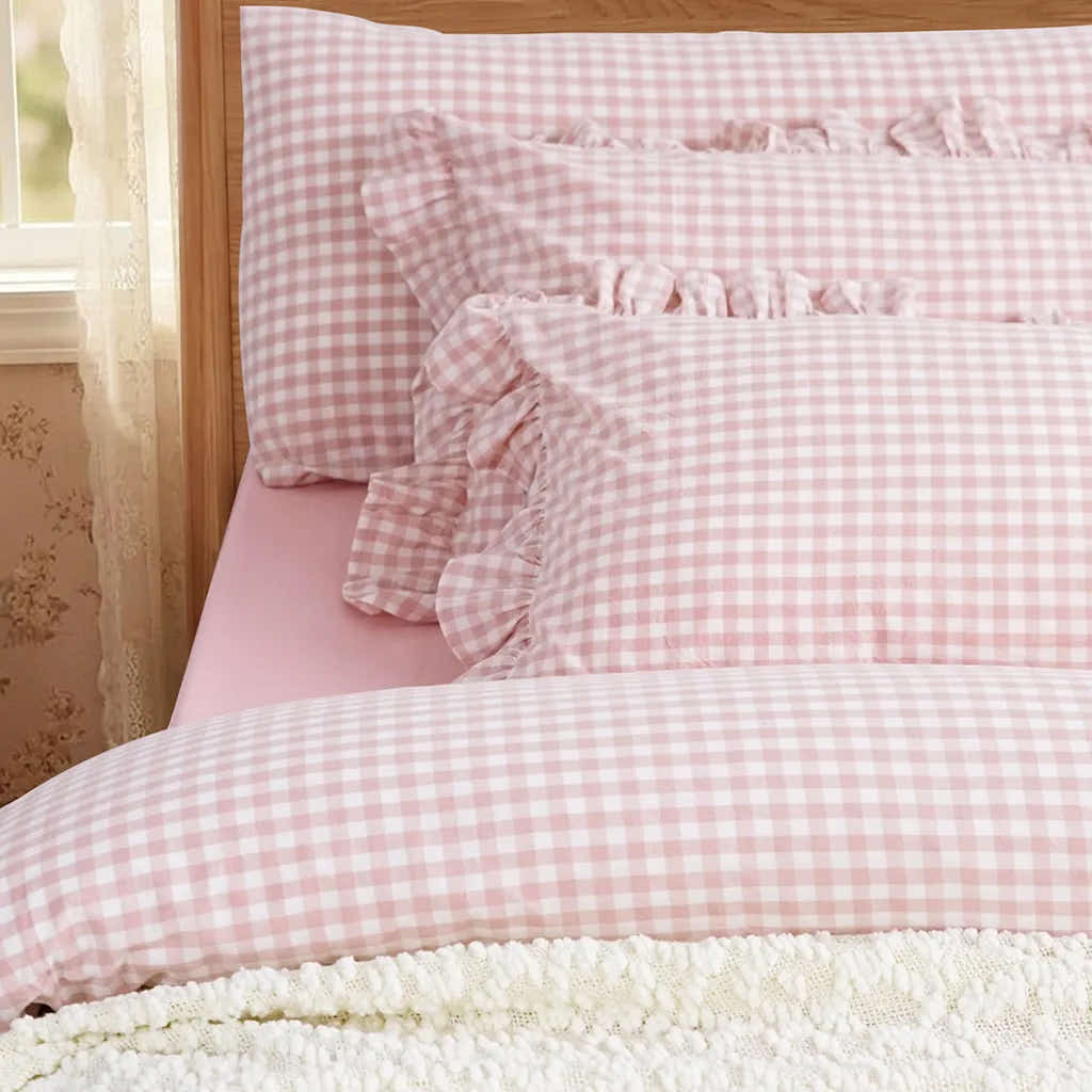 Pink Rustic Gingham Duvet Cover with Ruffle