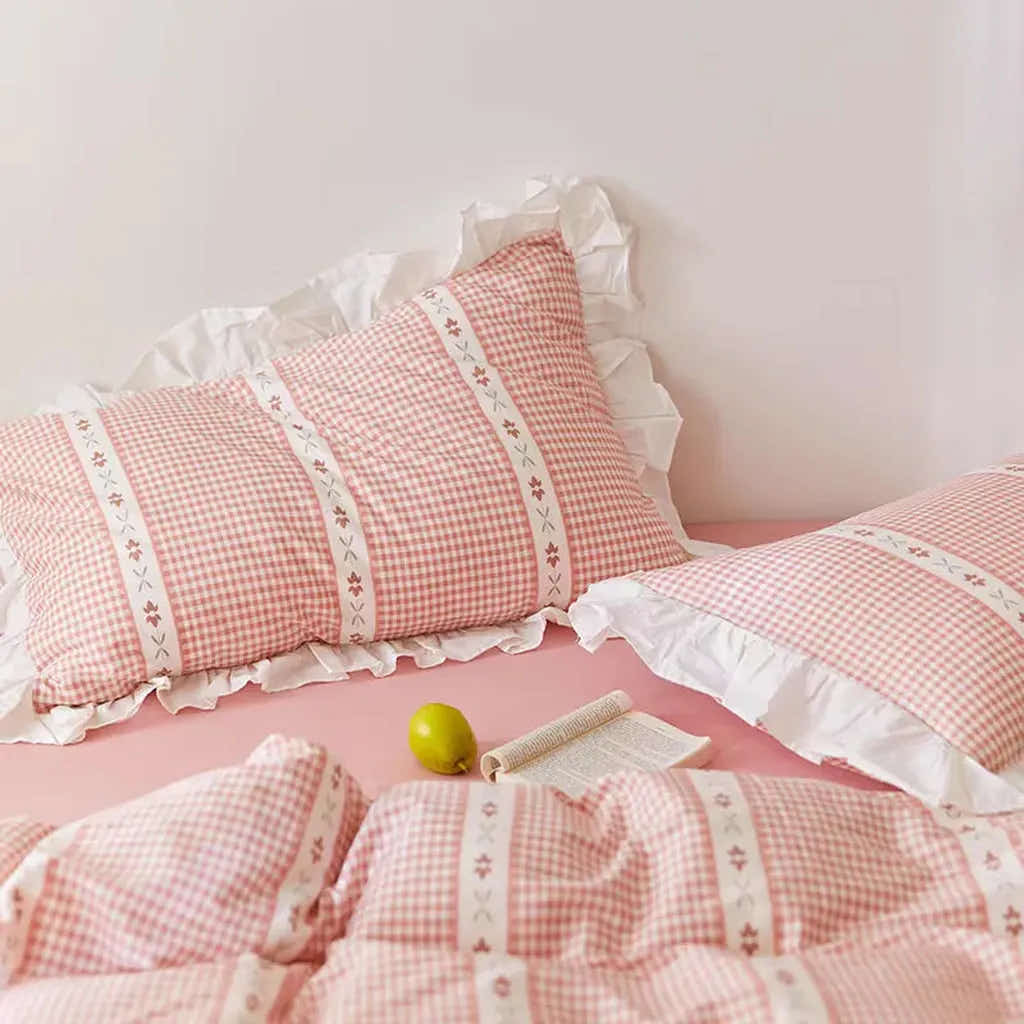 Pink Gingham Ruffle Duvet Cover Set