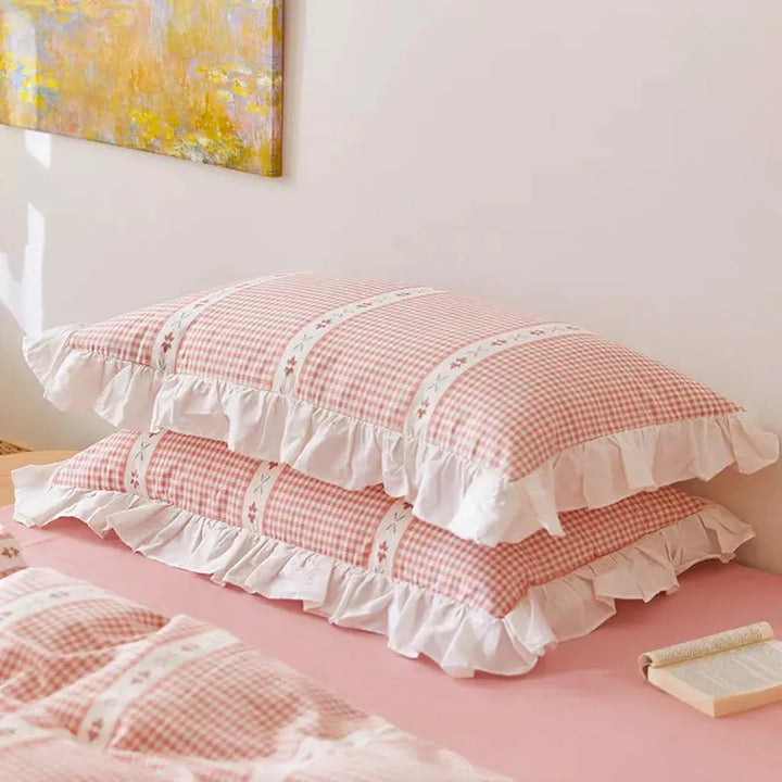 Pink Gingham Ruffle Duvet Cover Set