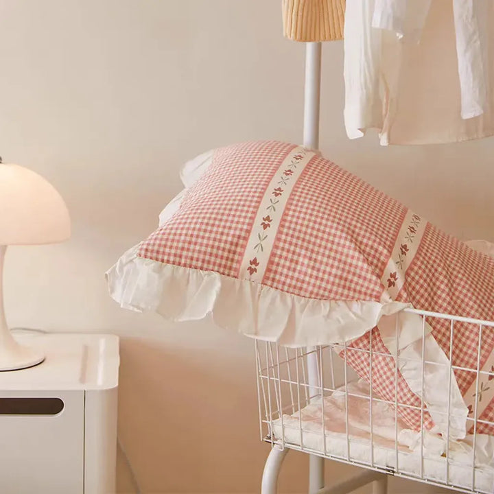 Pink Gingham Ruffle Duvet Cover Set