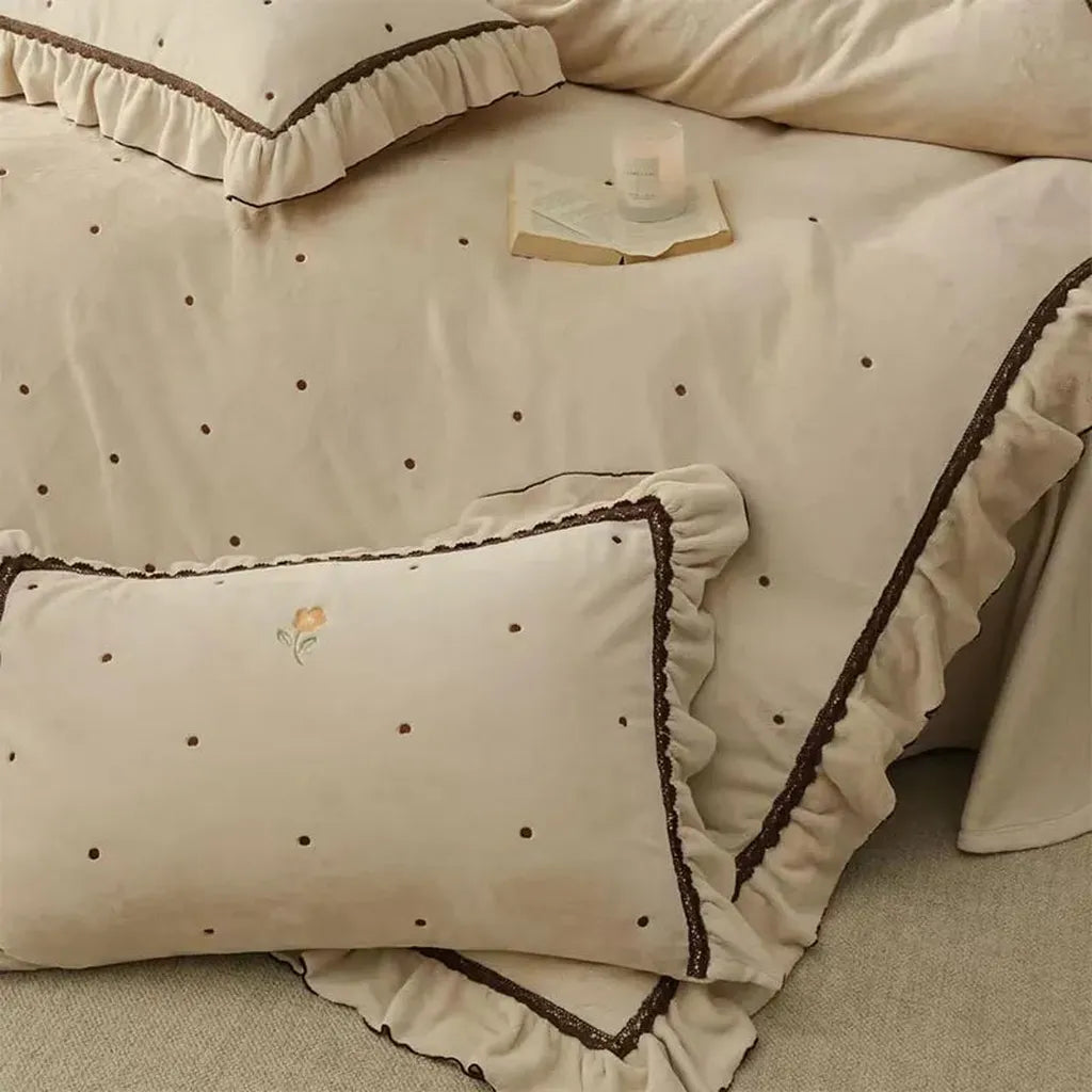 Polka Dot Embroidery Bedding Set with Ruffle