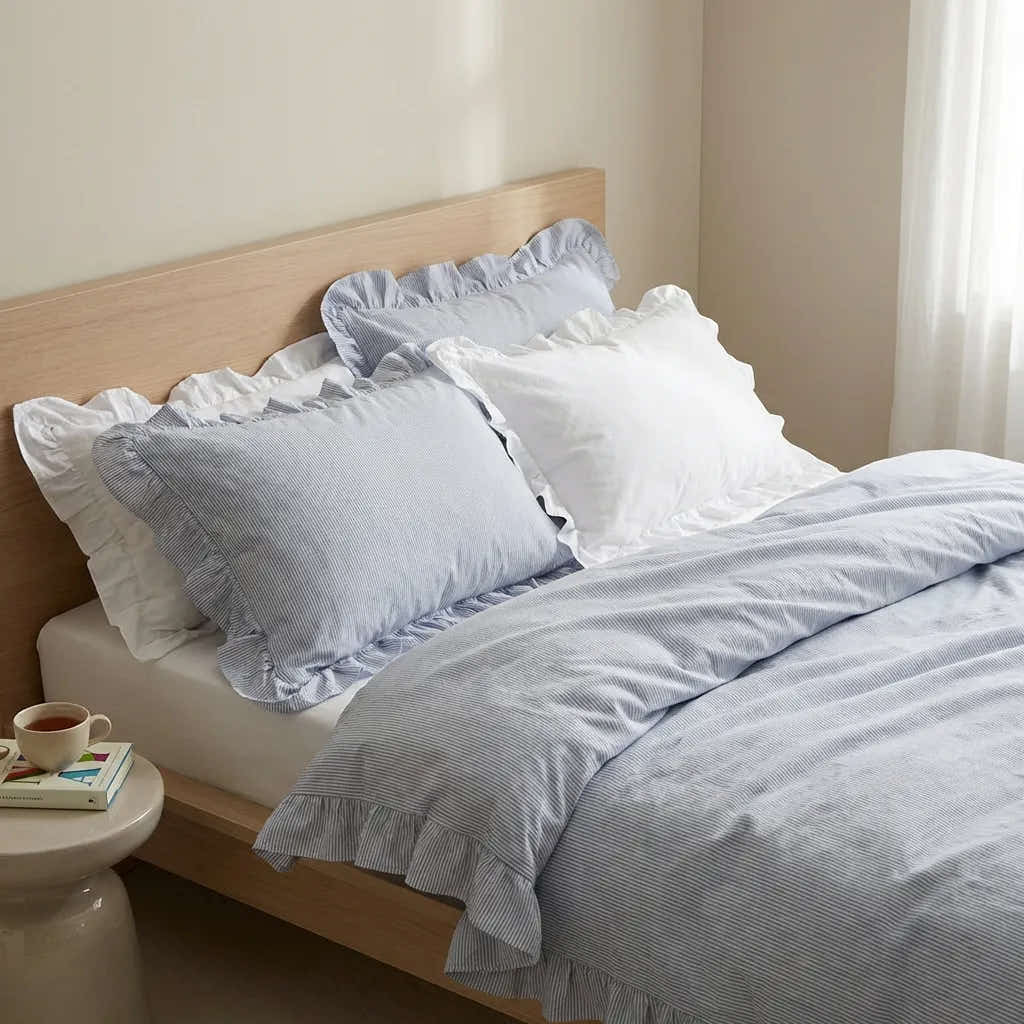 Retro Striped Duvet Cover with Ruffle