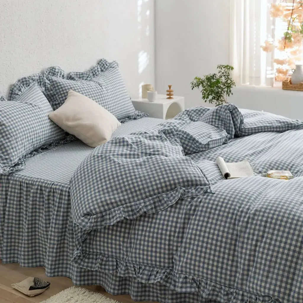 Rustic Gingham Duvet Cover with Ruffle