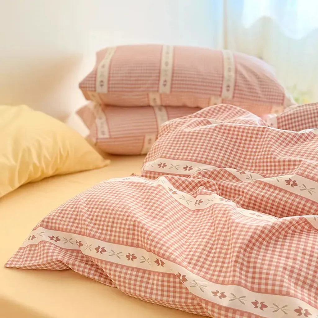 Rustic Pink Gingham Duvet Cover Set