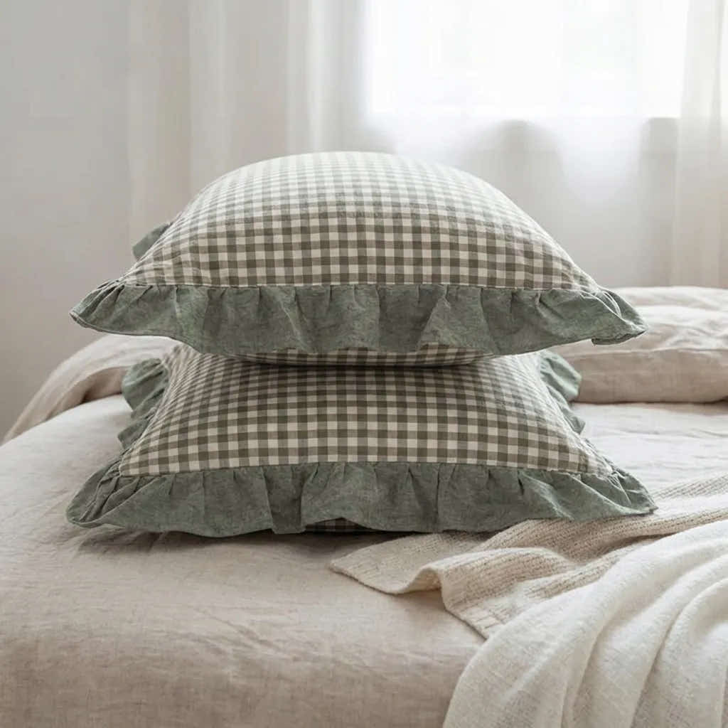 Rustic Gingham Pillowcase with Ruffle