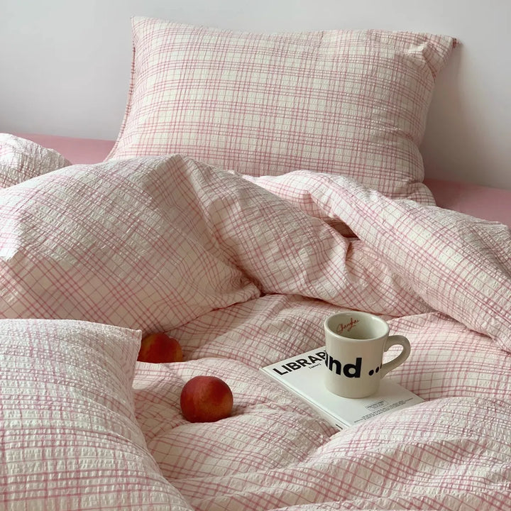 Soft Pink Plaid Cotton Bedding Set