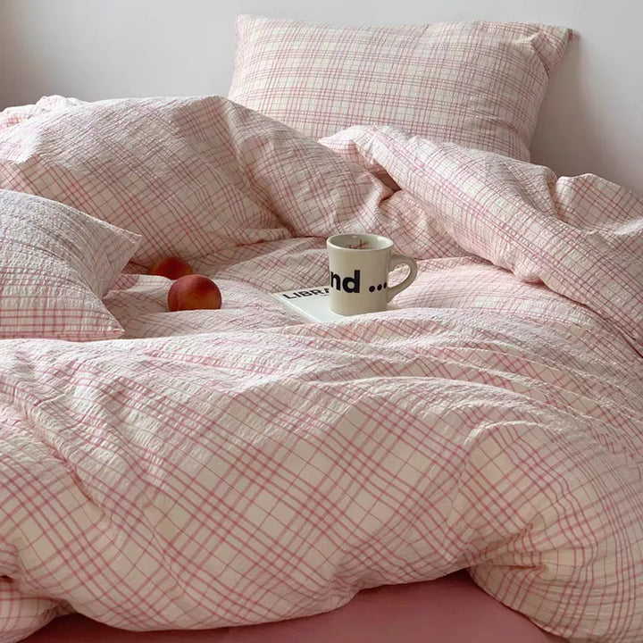 Soft Pink Plaid Cotton Duvet Cover