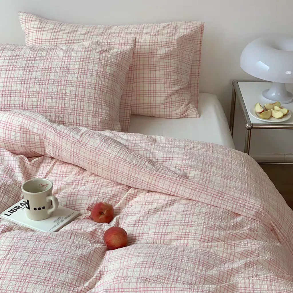 Soft Pink Plaid Cotton Duvet Cover