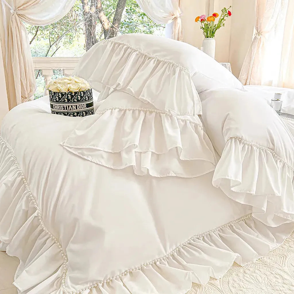 White Shabby Chic Pearl Beaded Duvet Cover Set