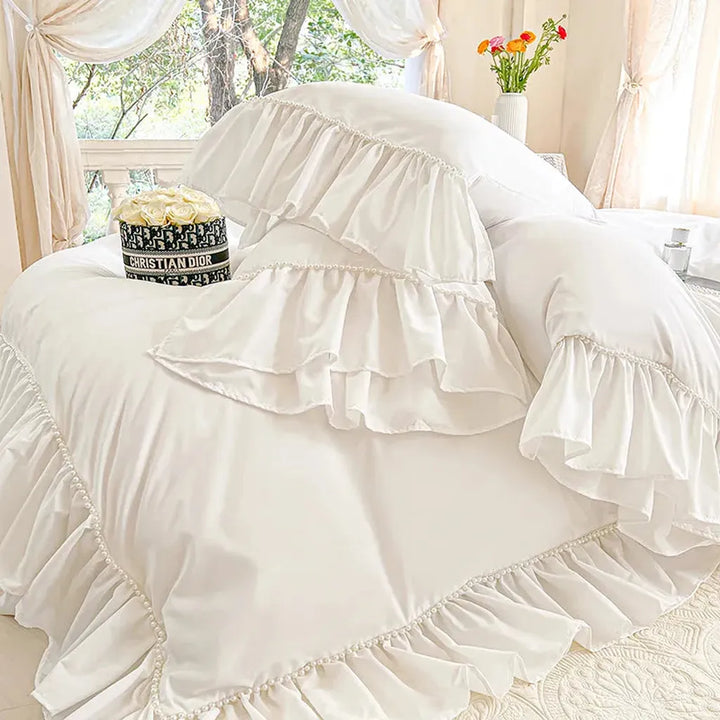 White Shabby Chic Pearl Beaded Duvet Cover Set