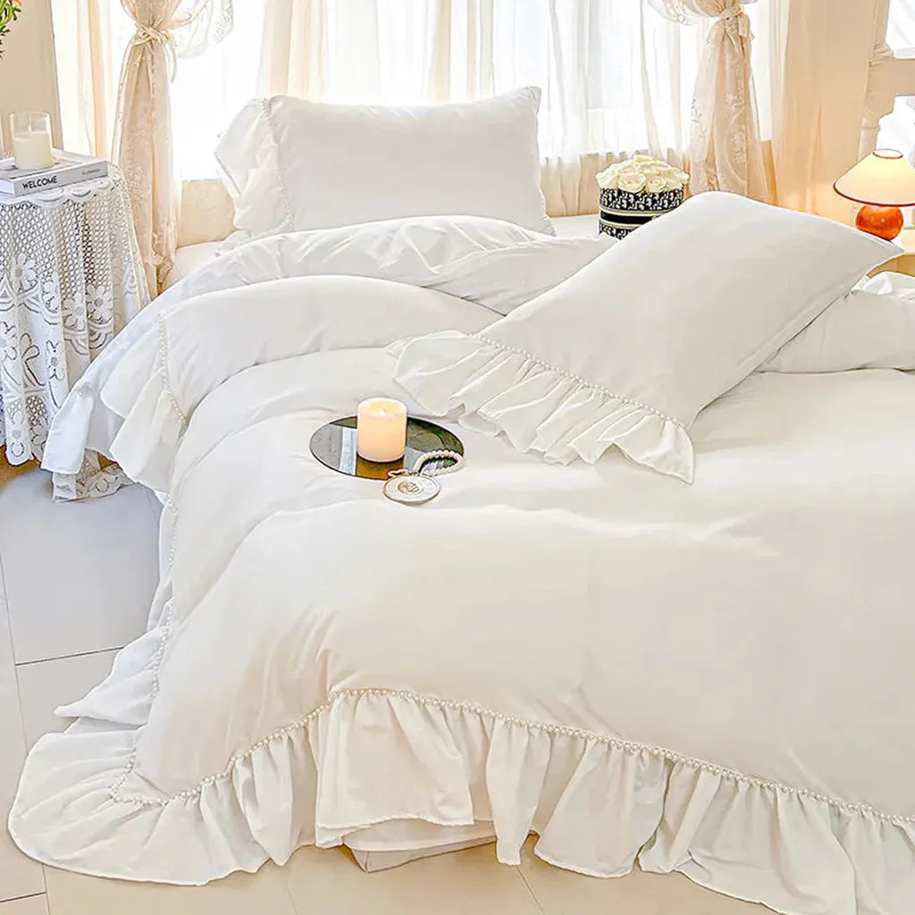 White Shabby Chic Pearl Beaded Duvet Cover Set