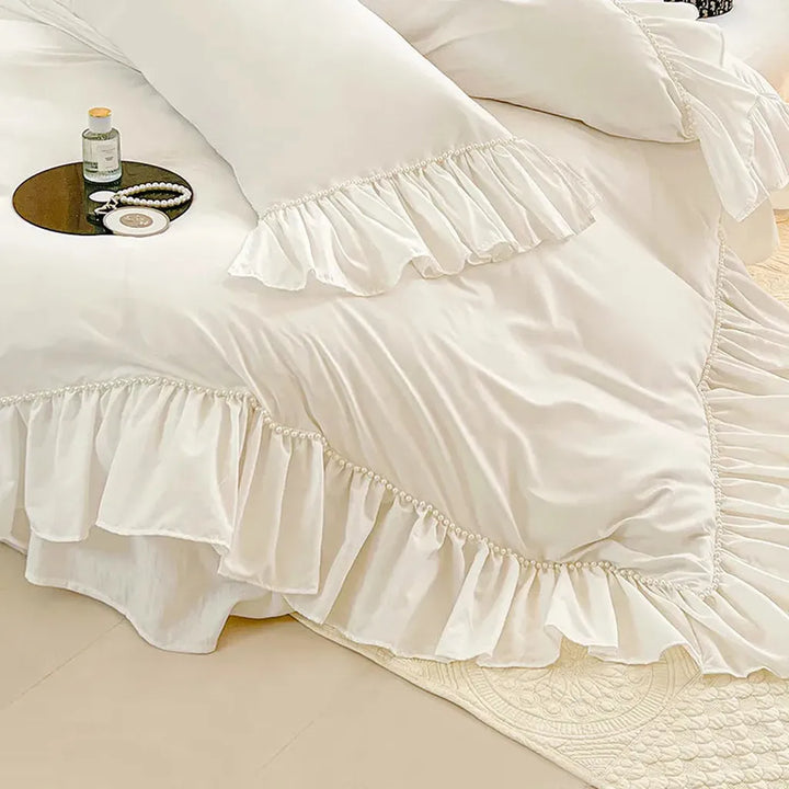 White Shabby Chic Pearl Beaded Duvet Cover Set