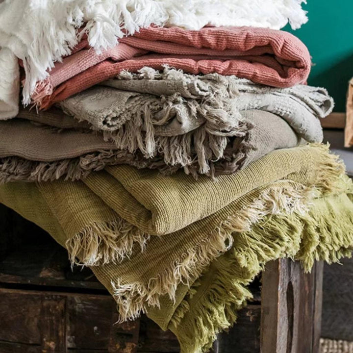 Bohemian Solid Color Cotton Tassel Knit Blanket