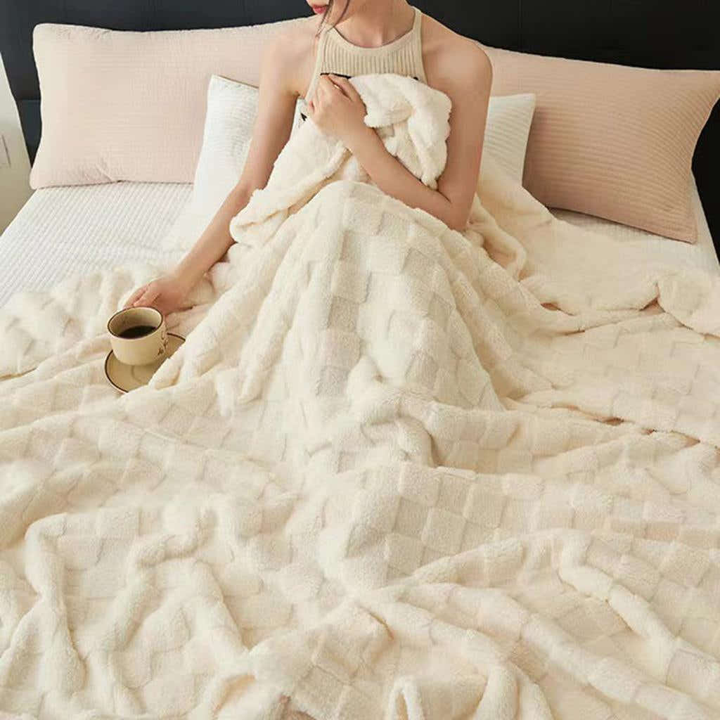 Cozy Plaid Fleece Blanket - Cream White