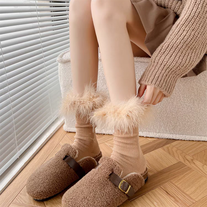 Faux Fur Crew Socks - Camel