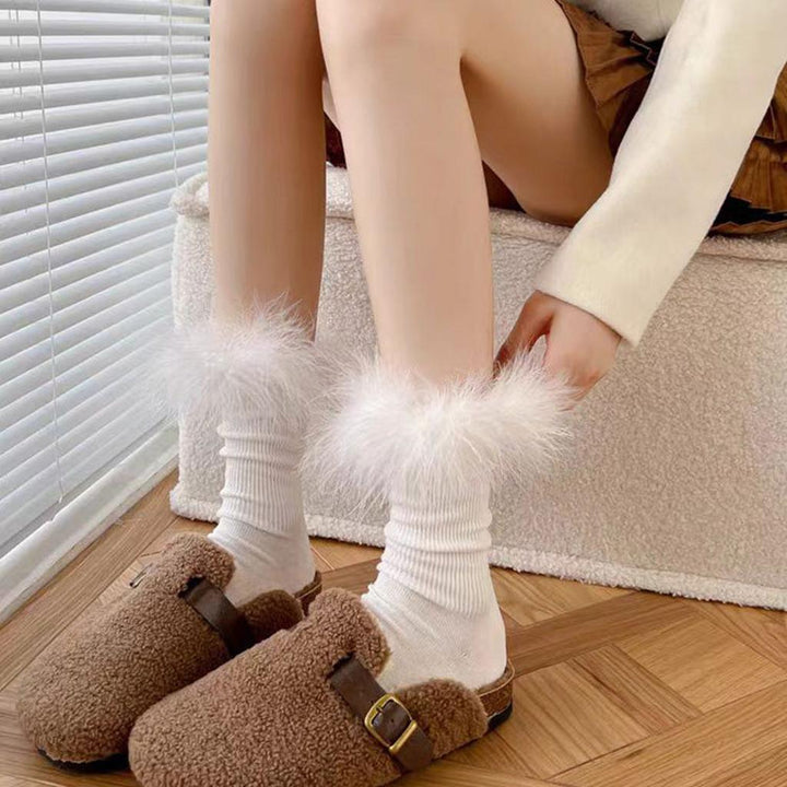 Faux Fur Crew Socks - Camel