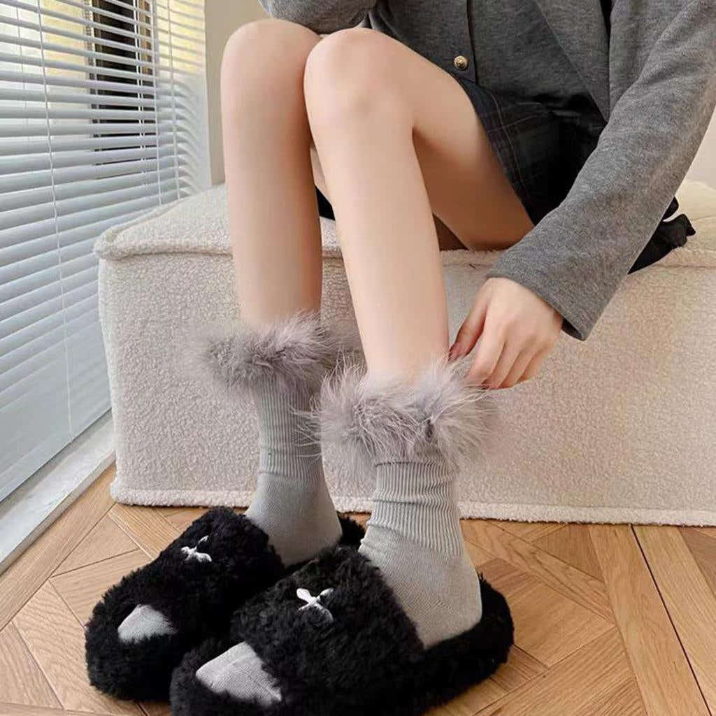 Faux Fur Crew Socks - Grey