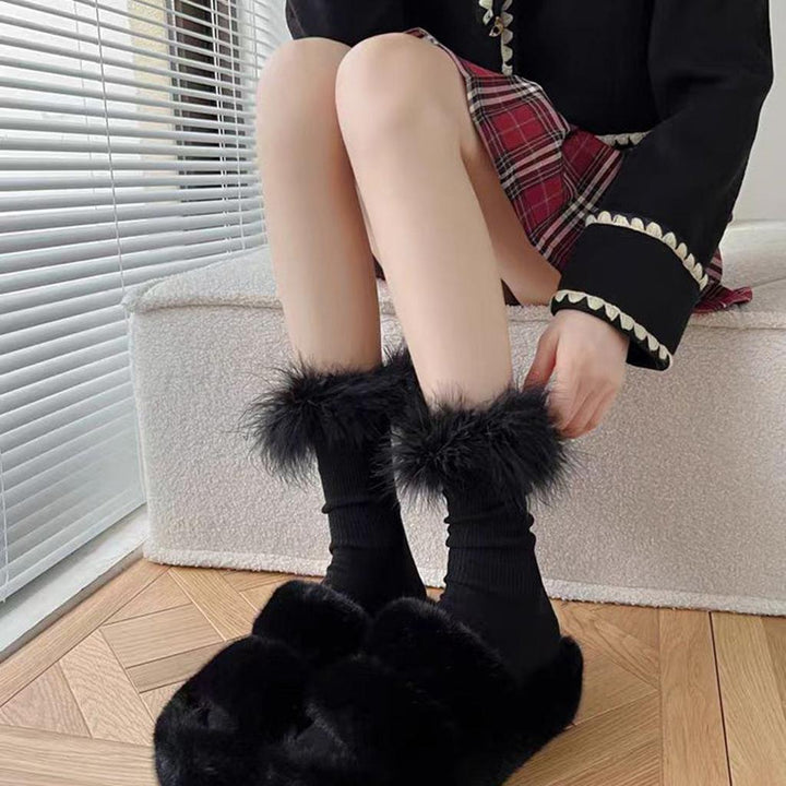 Faux Fur Crew Socks - Camel